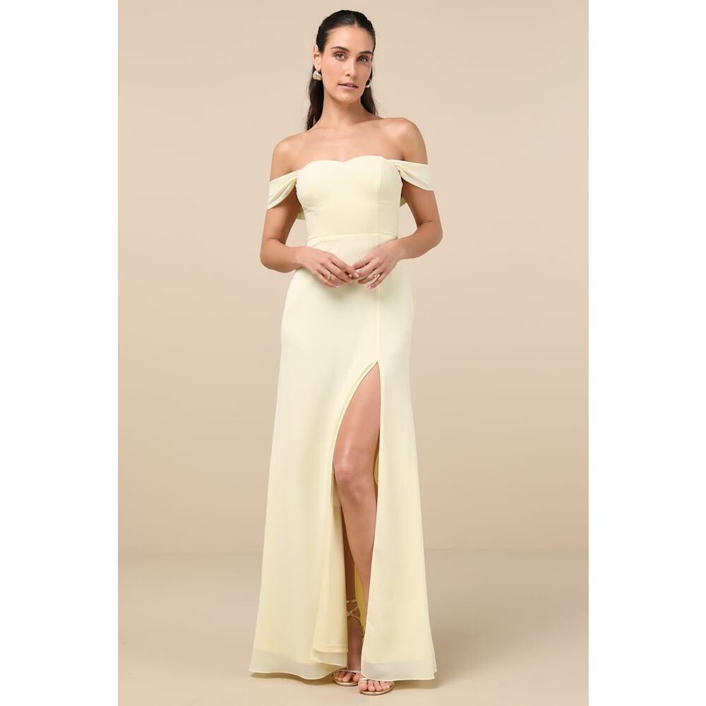 NWT Lulus Magical Magnetism Pale Yellow Off-the-Shoulder Maxi Dress Banquet Sz S